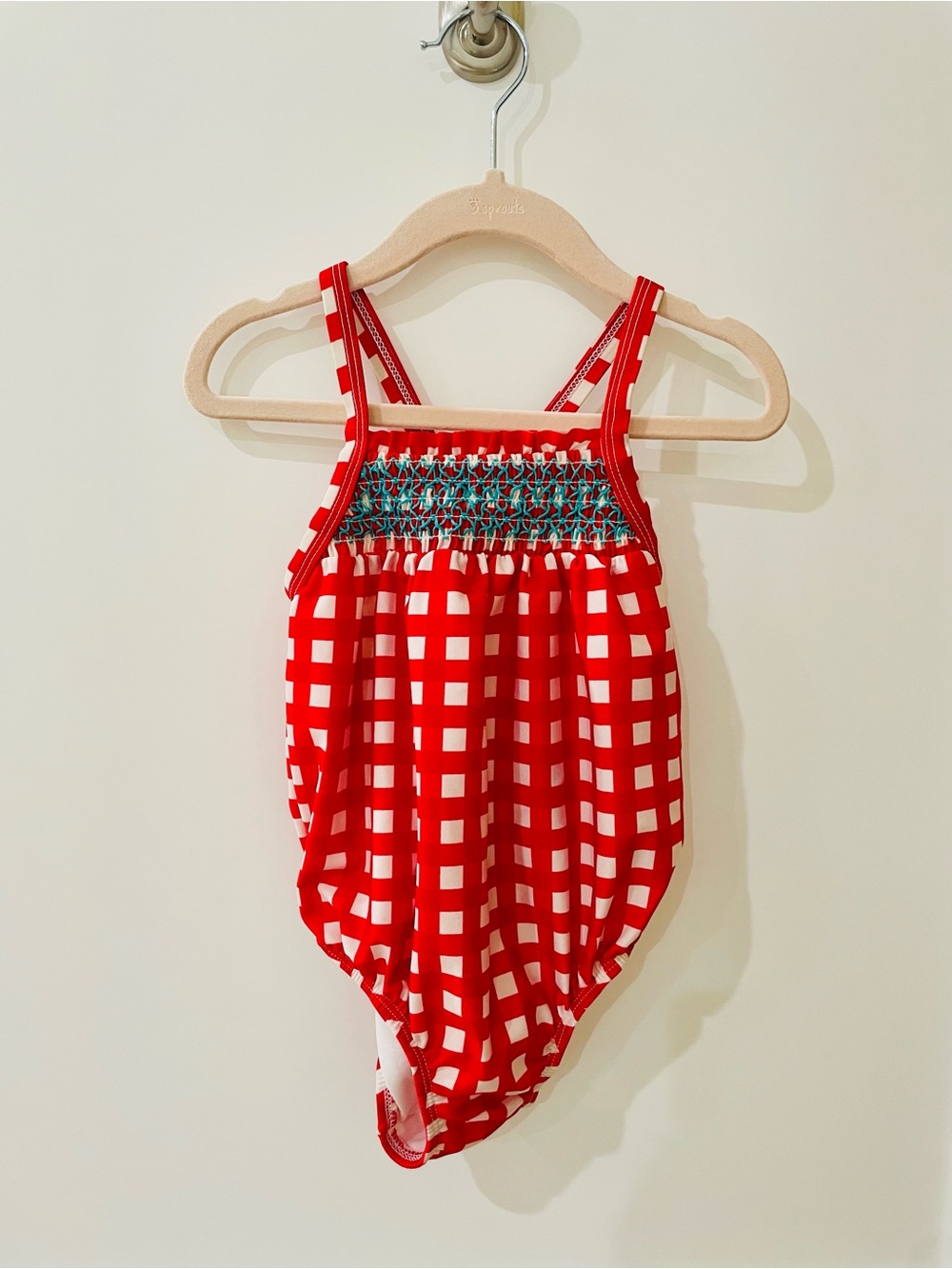 Cat & Jack Red and White Gingham Smocked One-Piece Swimsuit with Teal Accents